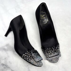 Roger Vivier Belle De Nuit Trompette Silk Satin Rhinestone Pumps Heels Black 38
